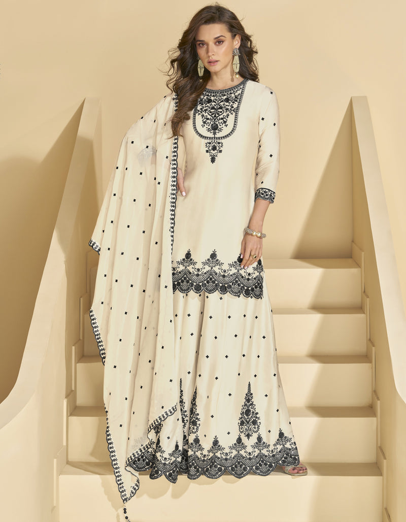 Offwhite Georgette Embroidery Sequence Work Kurta Palazzo with Dupatta Salwar Suit Set For Women's Trendmalls