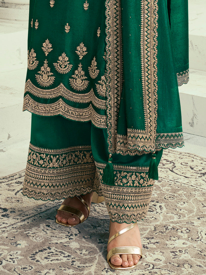 Green Art Silk Embroidery Salwar Suit Set with Dupatta For Women's
