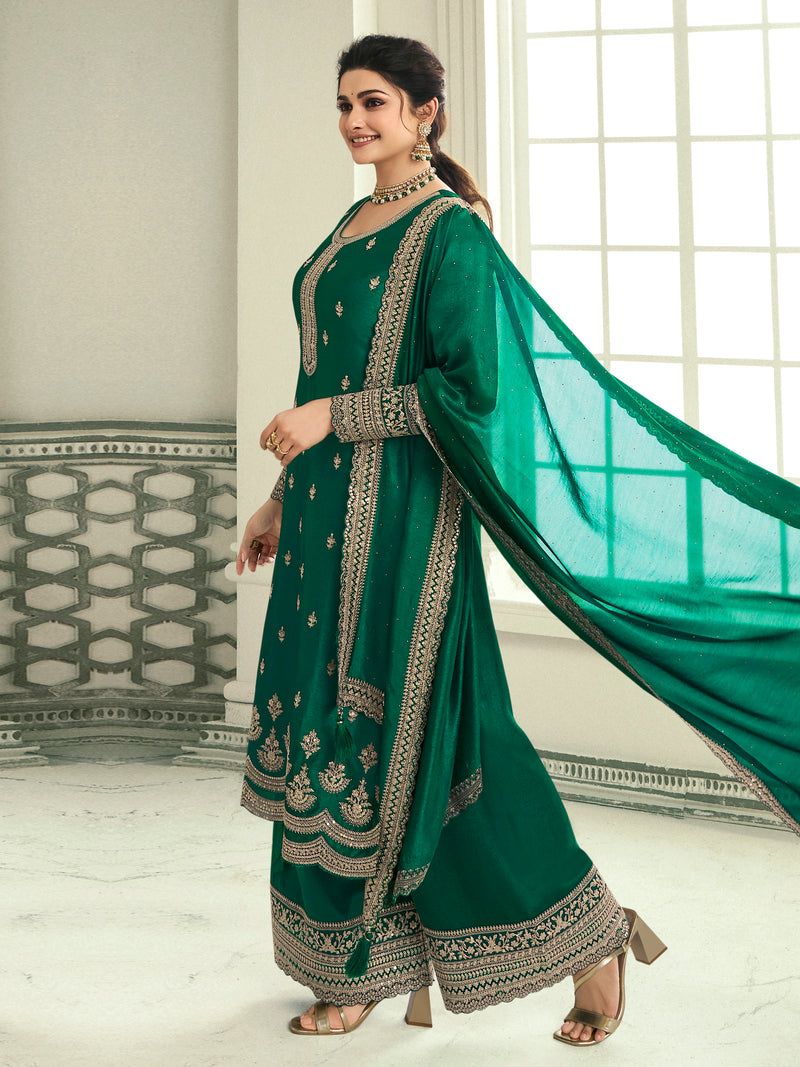 Green Art Silk Embroidery Salwar Suit Set with Dupatta For Women's