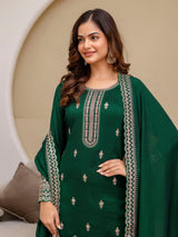 Green Art Silk Embroidery Salwar Suit Set with Dupatta For Women's Trendmalls