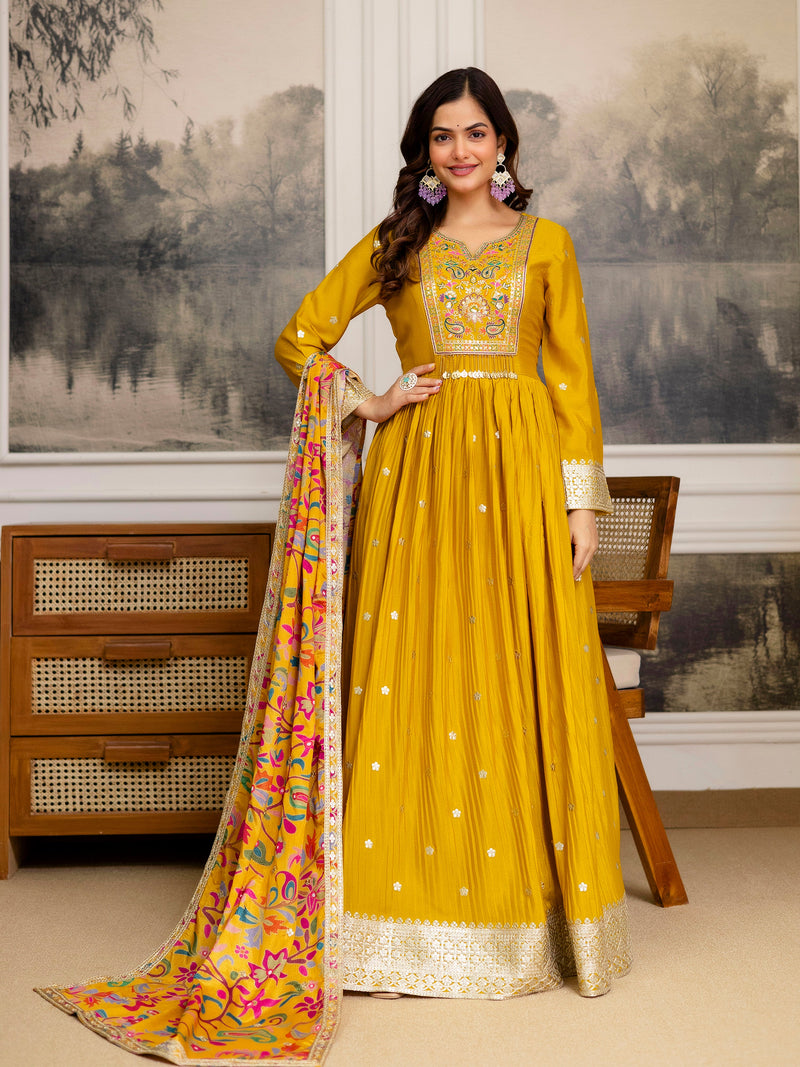 Yellow Art Silk Embroidery Salwar Suit Set Anarkali Kurta Pant with Dupatta Trendmalls