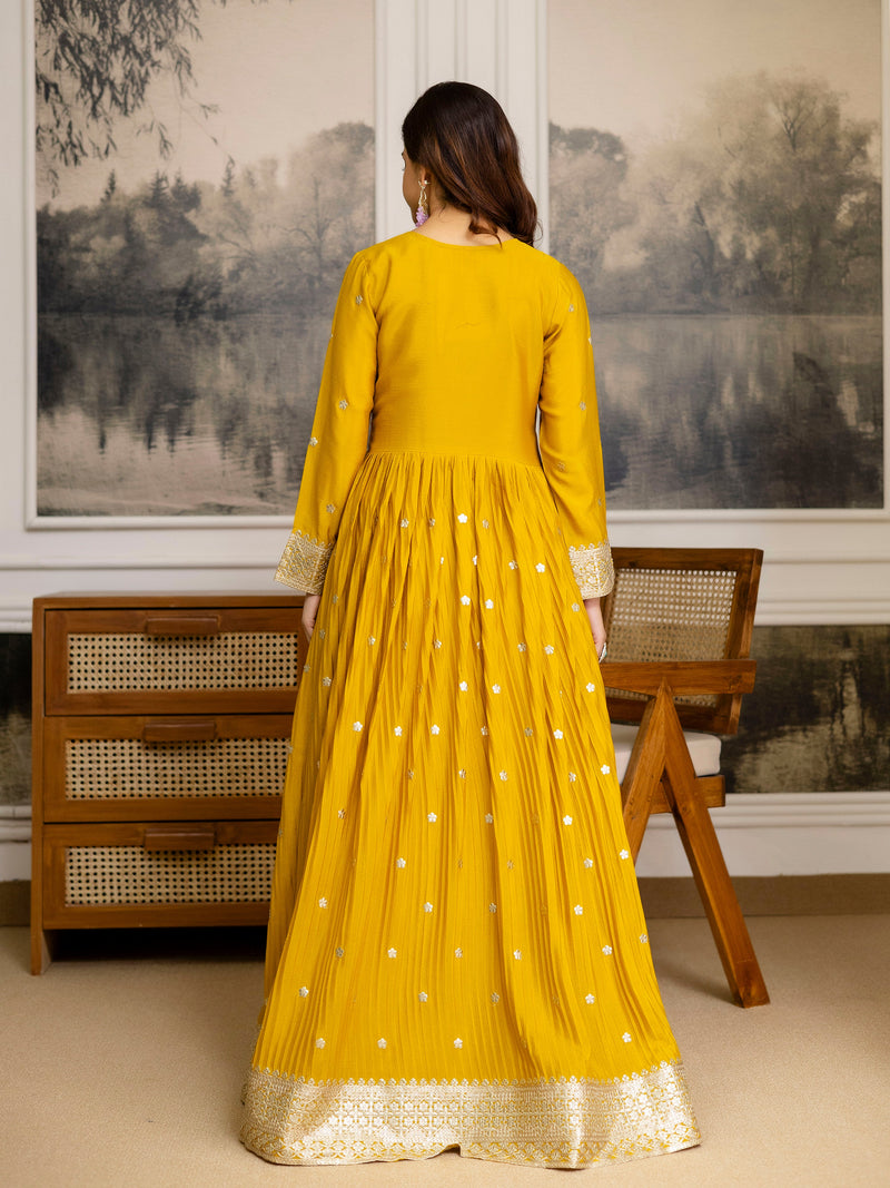 Yellow Art Silk Embroidery Salwar Suit Set Anarkali Kurta Pant with Dupatta Trendmalls