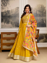 Yellow Art Silk Embroidery Salwar Suit Set Anarkali Kurta Pant with Dupatta Trendmalls