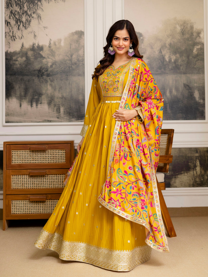 Yellow Art Silk Embroidery Salwar Suit Set Anarkali Kurta Pant with Dupatta Trendmalls
