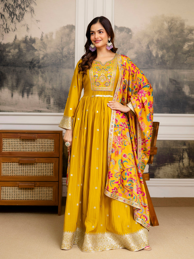 Yellow Art Silk Embroidery Salwar Suit Set Anarkali Kurta Pant with Dupatta Trendmalls