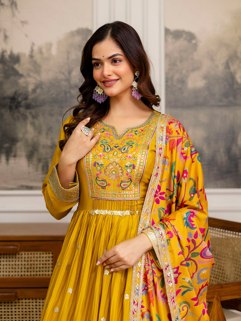 Yellow Art Silk Embroidery Salwar Suit Set Anarkali Kurta Pant with Dupatta Trendmalls