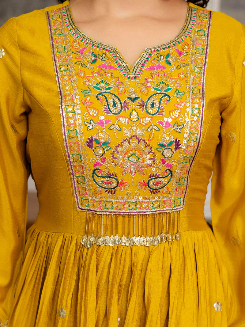 Yellow Art Silk Embroidery Salwar Suit Set Anarkali Kurta Pant with Dupatta Trendmalls