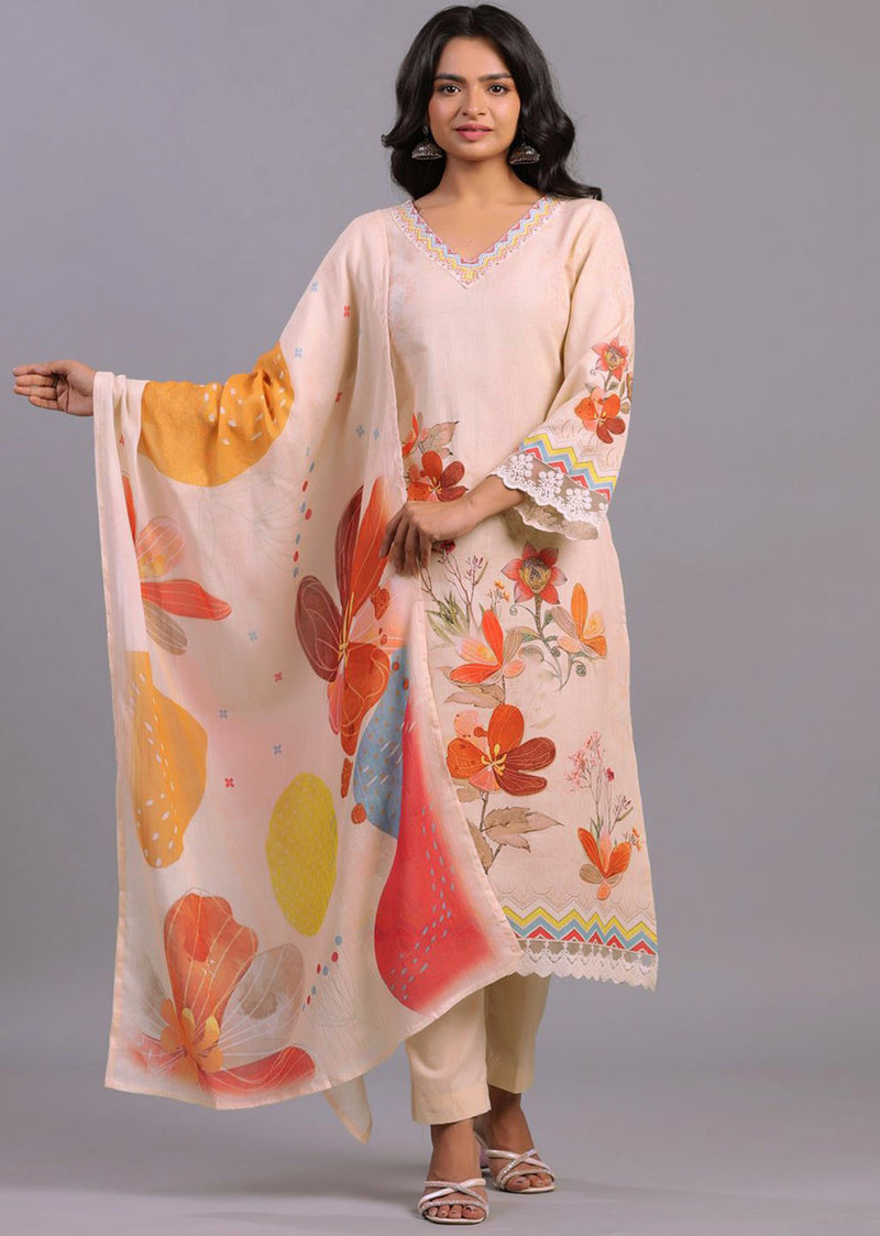 Peach Satin Digital Print A line Salwar Suit with Dupatta Set For Women's