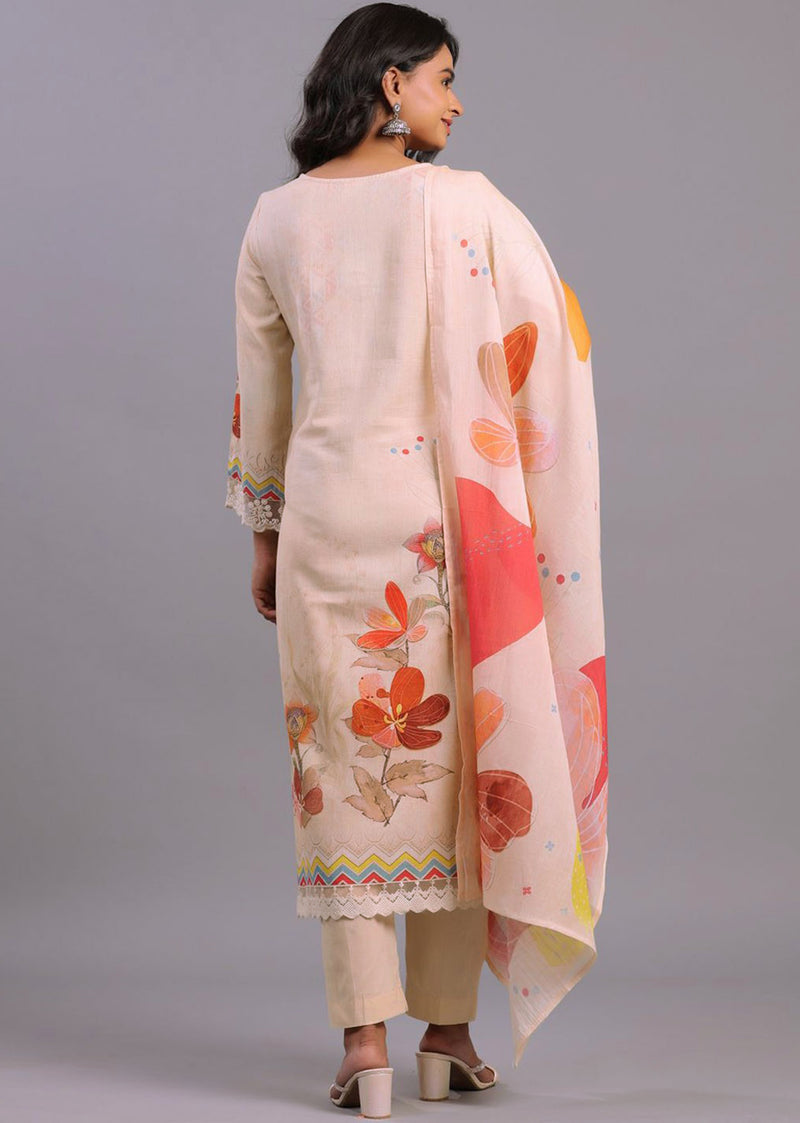 Peach Satin Digital Print A line Salwar Suit with Dupatta Set For Women's