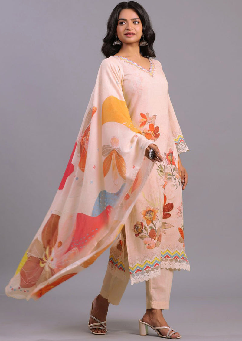 Peach Satin Digital Print A line Salwar Suit with Dupatta Set For Women's