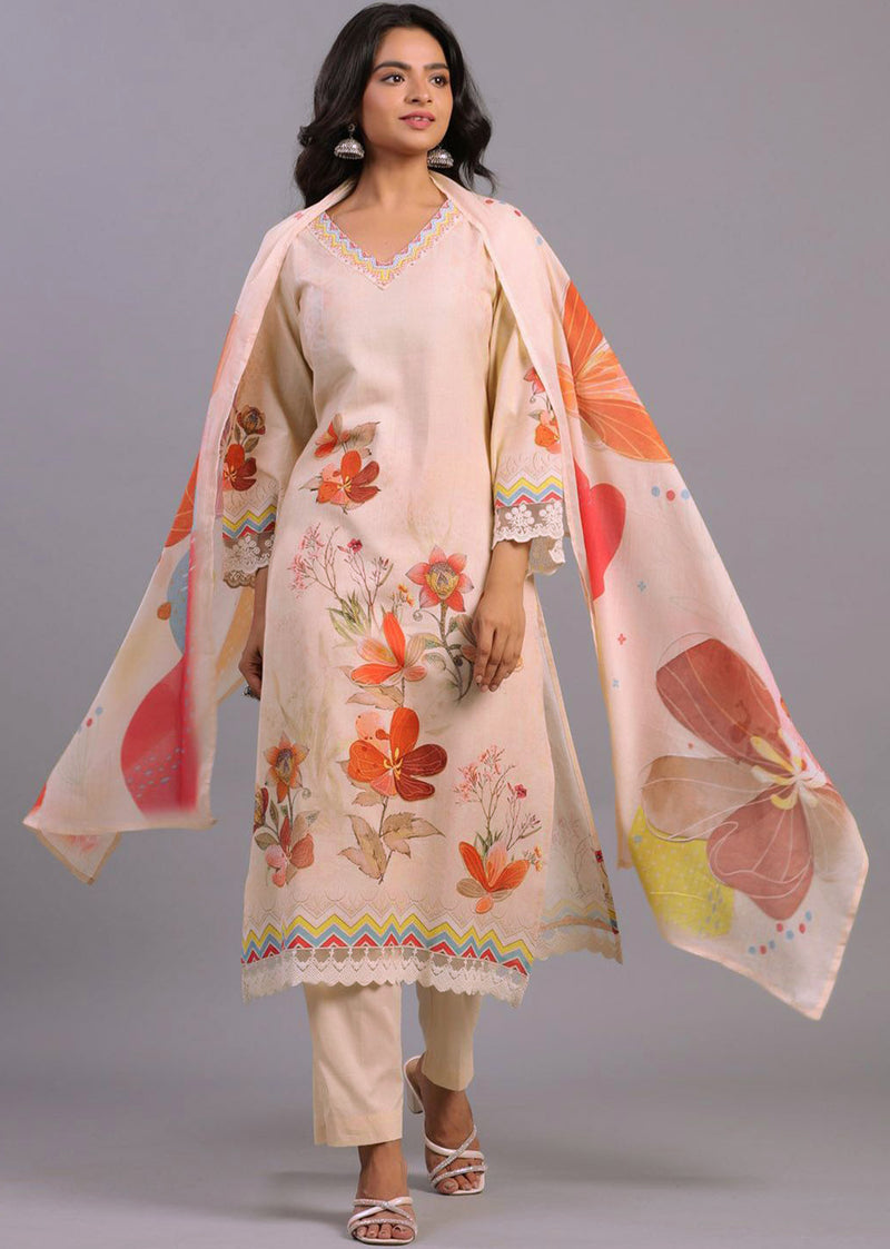 Peach Satin Digital Print A line Salwar Suit with Dupatta Set For Women's