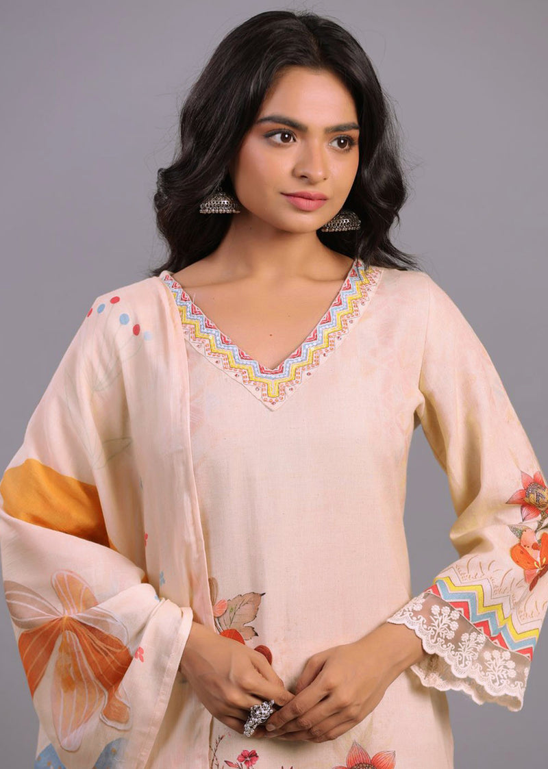 Peach Satin Digital Print A line Salwar Suit with Dupatta Set For Women's