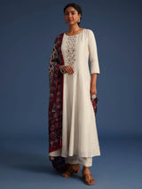 Beige Art Silk Hand Work Embroidery Anarkali Kurta Pant with Printed Dupatta Set Trendmalls