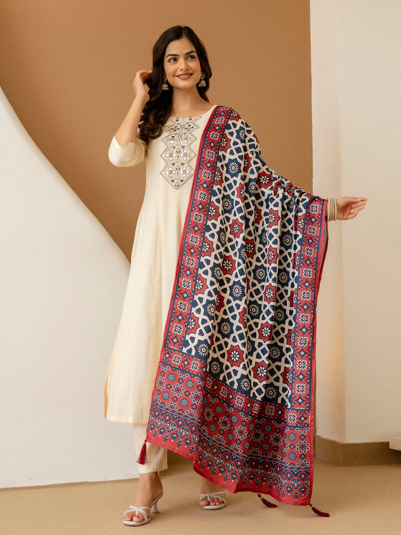 Beige Art Silk Hand Work Embroidery Anarkali Kurta Pant with Printed Dupatta Set Trendmalls