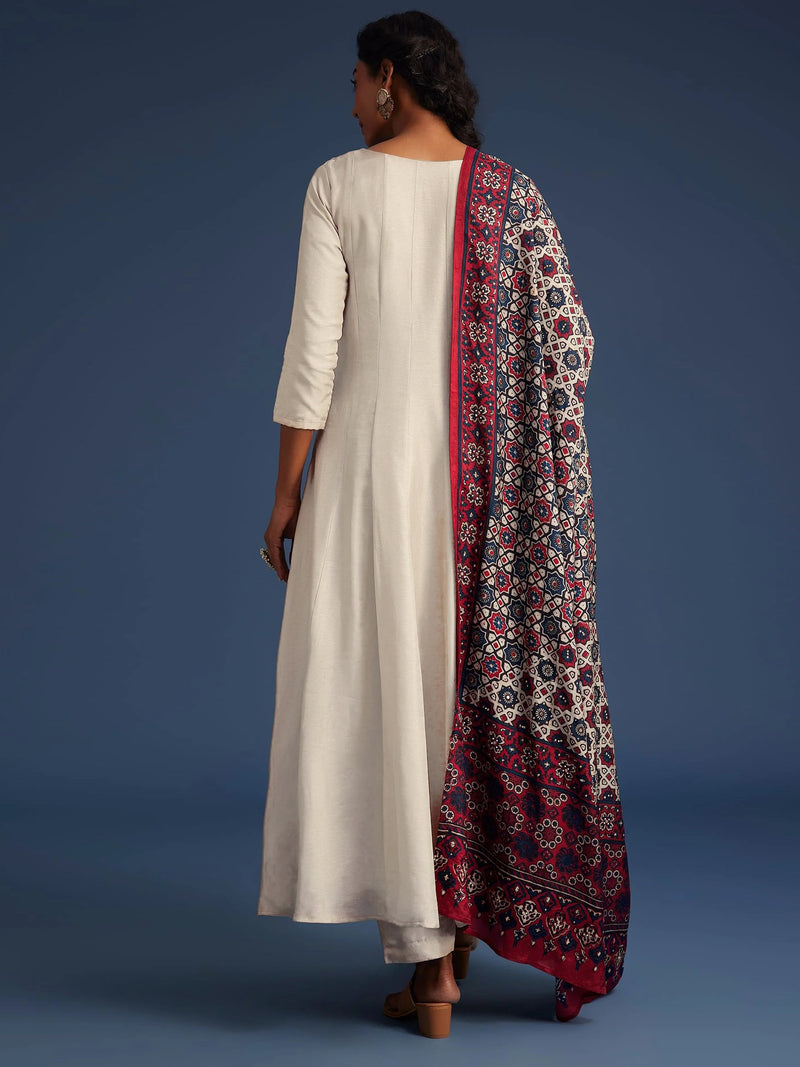 Beige Art Silk Hand Work Embroidery Anarkali Kurta Pant with Printed Dupatta Set Trendmalls
