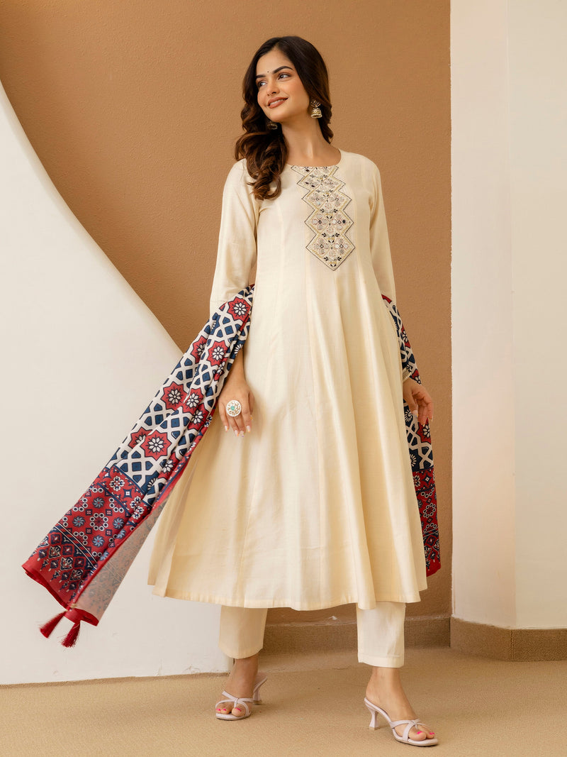 Beige Art Silk Hand Work Embroidery Anarkali Kurta Pant with Printed Dupatta Set Trendmalls