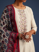 Beige Art Silk Hand Work Embroidery Anarkali Kurta Pant with Printed Dupatta Set Trendmalls