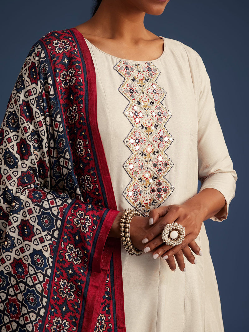 Beige Art Silk Hand Work Embroidery Anarkali Kurta Pant with Printed Dupatta Set Trendmalls