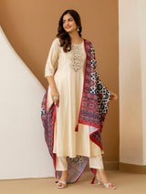 Beige Art Silk Hand Work Embroidery Anarkali Kurta Pant with Printed Dupatta Set Trendmalls