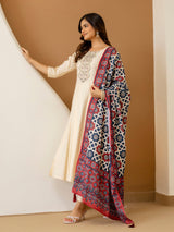 Beige Art Silk Hand Work Embroidery Anarkali Kurta Pant with Printed Dupatta Set Trendmalls