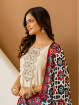 Beige Art Silk Hand Work Embroidery Anarkali Kurta Pant with Printed Dupatta Set Trendmalls