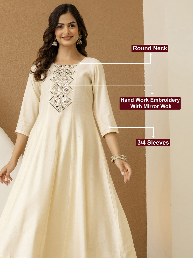 Beige Art Silk Hand Work Embroidery Anarkali Kurta Pant with Printed Dupatta Set Trendmalls