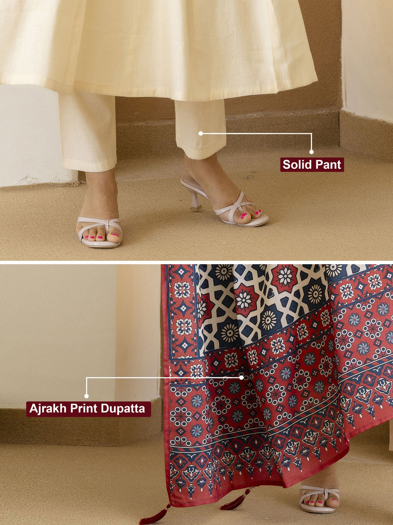 Beige Art Silk Hand Work Embroidery Anarkali Kurta Pant with Printed Dupatta Set Trendmalls