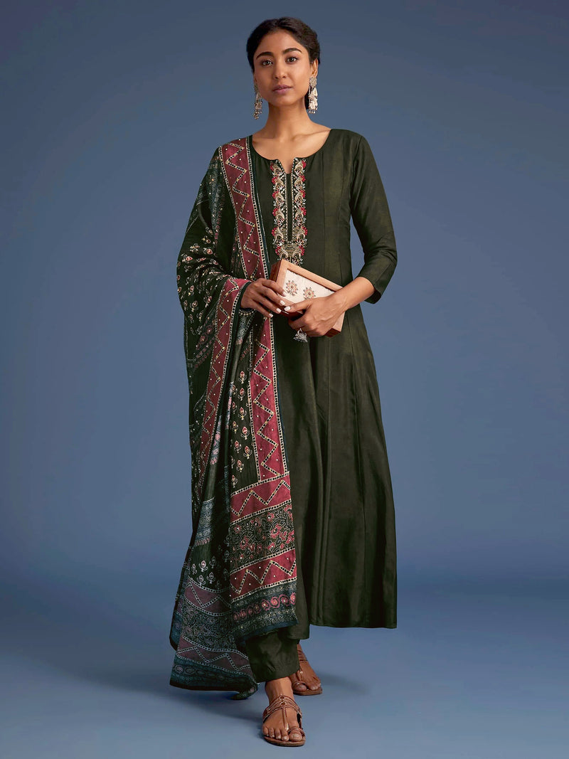 Mahndi Art Silk Embroidery Sequence Work Kurta Pant Set with Dupatta for Women