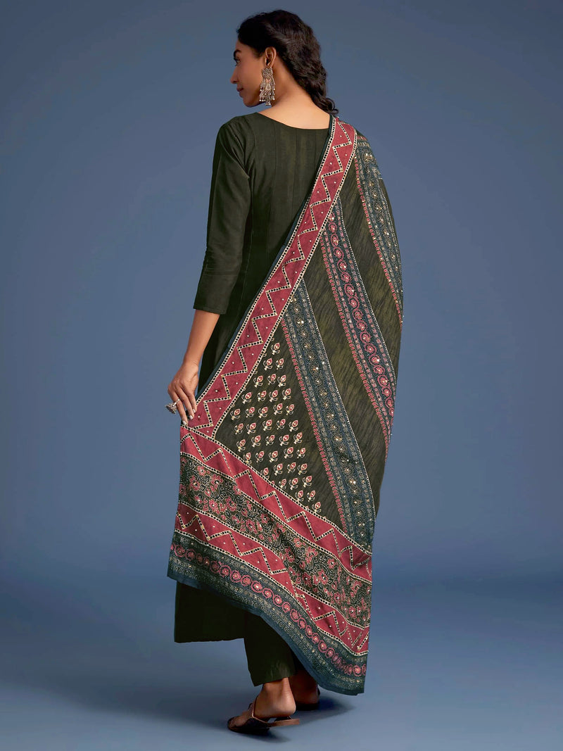 Mahndi Art Silk Embroidery Sequence Work Kurta Pant Set with Dupatta for Women