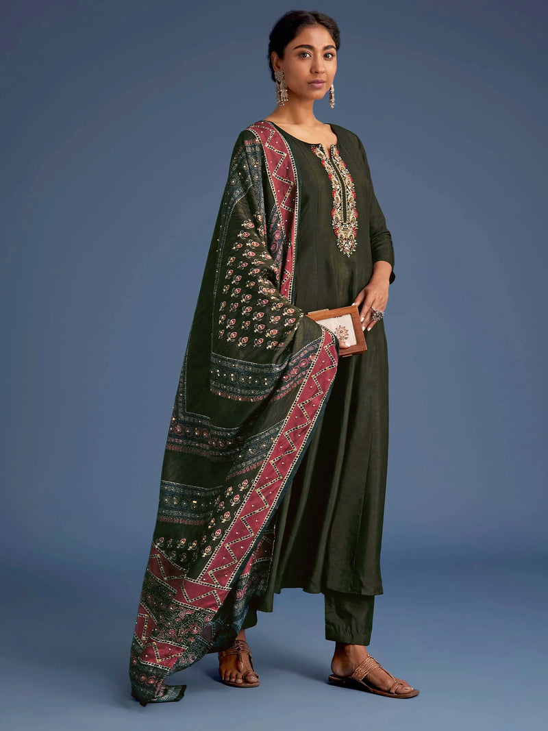 Mahndi Art Silk Embroidery Sequence Work Kurta Pant Set with Dupatta for Women