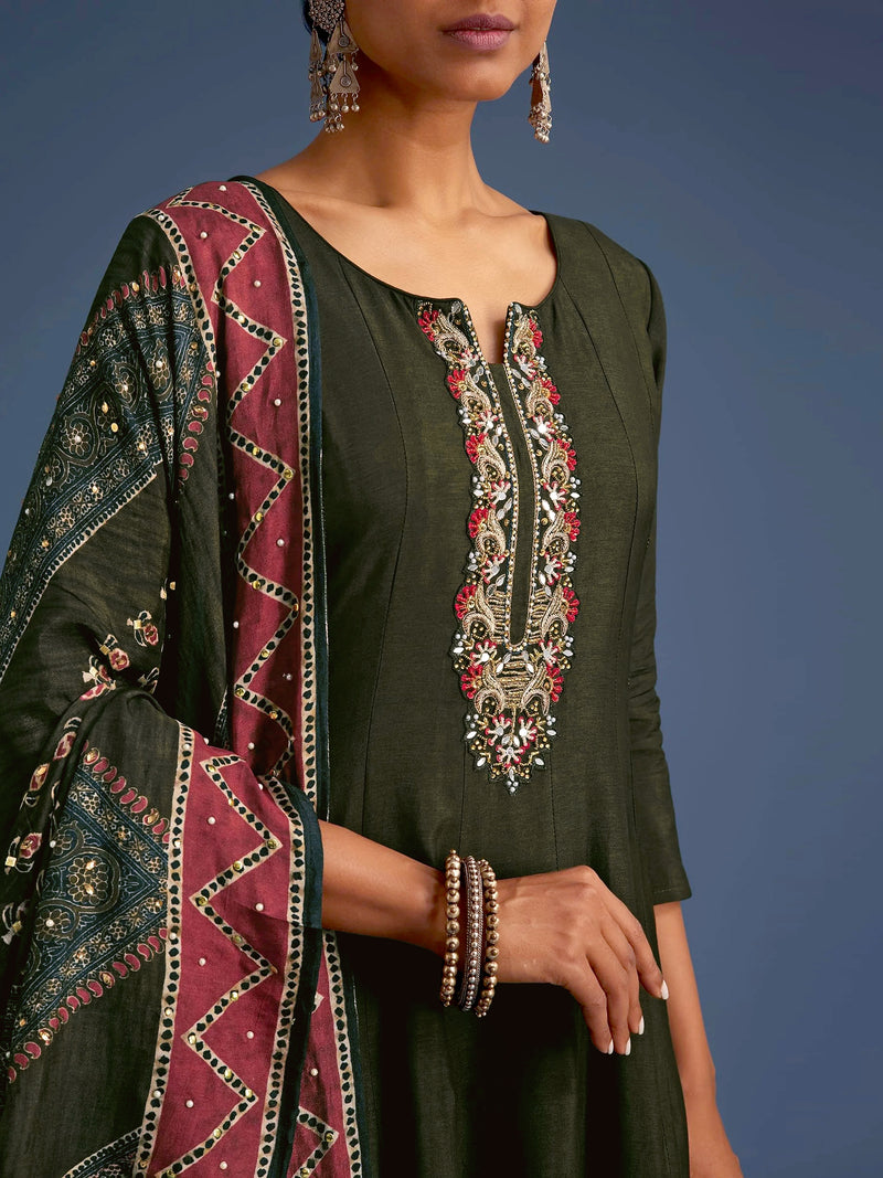 Mahndi Art Silk Embroidery Sequence Work Kurta Pant Set with Dupatta for Women
