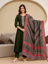 Mahndi Art Silk Embroidery Sequence Work Kurta Pant Set with Dupatta for Women Trendmalls