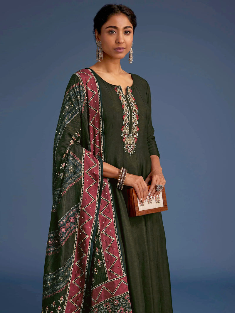Mahndi Art Silk Embroidery Sequence Work Kurta Pant Set with Dupatta for Women