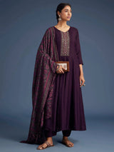 Purple Art Silk Hand Work Embroidery Anarkali Kurta Pant with Printed Dupatta For Women's