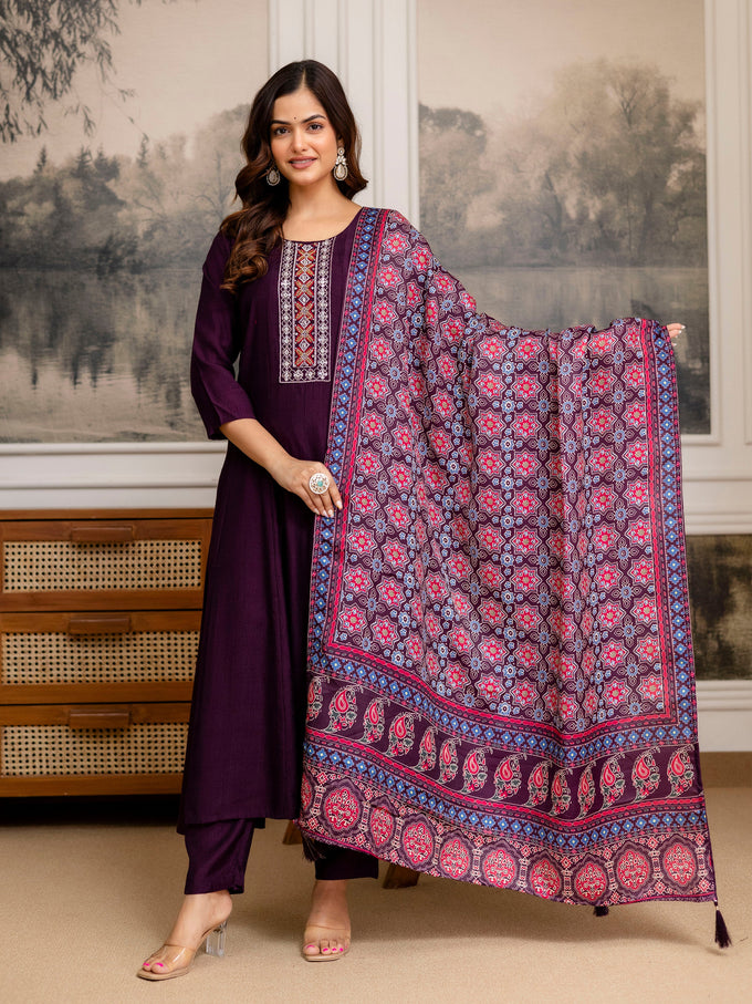 Purple Art Silk Hand Work Embroidery Anarkali Kurta Pant with Printed Dupatta For Women's Trendmalls