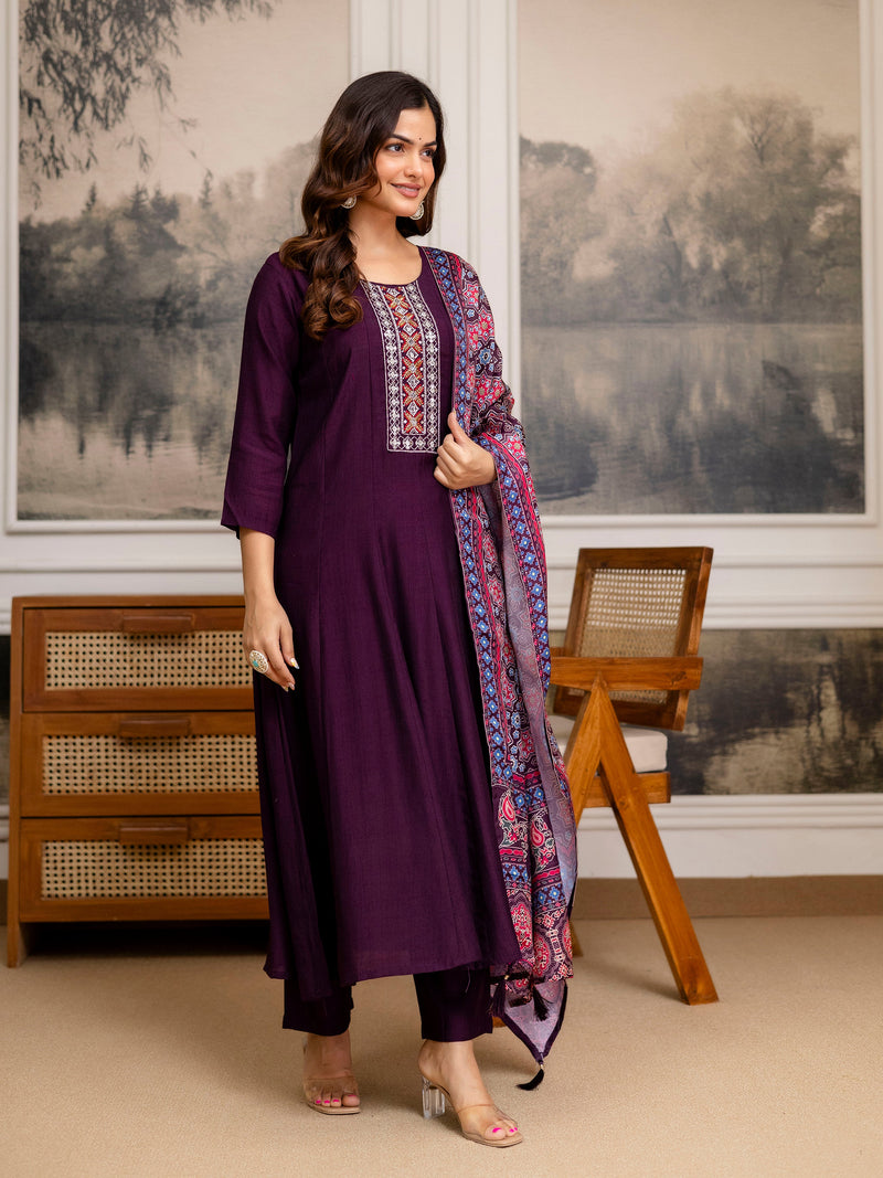 Purple Art Silk Hand Work Embroidery Anarkali Kurta Pant with Printed Dupatta For Women's Trendmalls