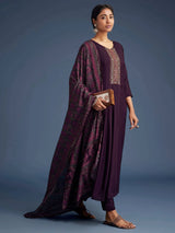 Purple Art Silk Hand Work Embroidery Anarkali Kurta Pant with Printed Dupatta For Women's