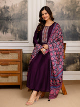 Purple Art Silk Hand Work Embroidery Anarkali Kurta Pant with Printed Dupatta For Women's Trendmalls