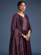 Purple Art Silk Hand Work Embroidery Anarkali Kurta Pant with Printed Dupatta For Women's