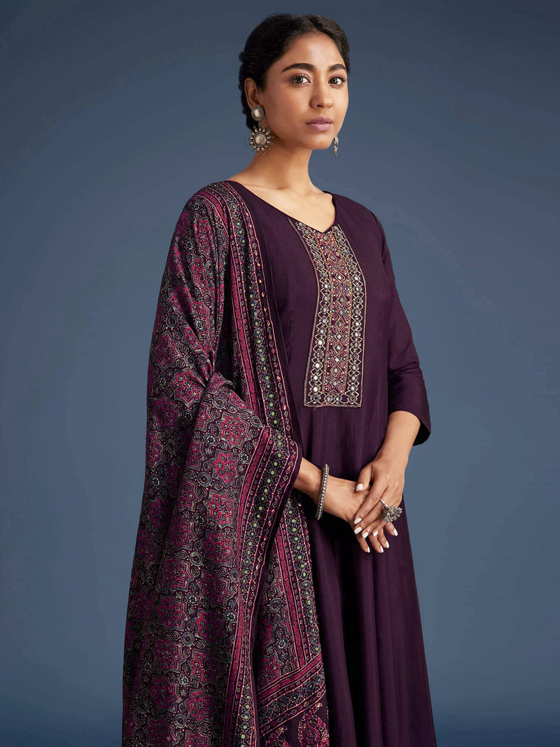 Purple Art Silk Hand Work Embroidery Anarkali Kurta Pant with Printed Dupatta For Women's