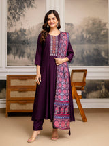 Purple Art Silk Hand Work Embroidery Anarkali Kurta Pant with Printed Dupatta For Women's Trendmalls