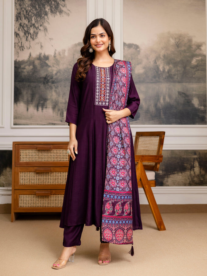 Purple Art Silk Hand Work Embroidery Anarkali Kurta Pant with Printed Dupatta For Women's Trendmalls