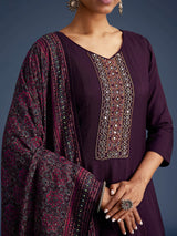 Purple Art Silk Hand Work Embroidery Anarkali Kurta Pant with Printed Dupatta For Women's
