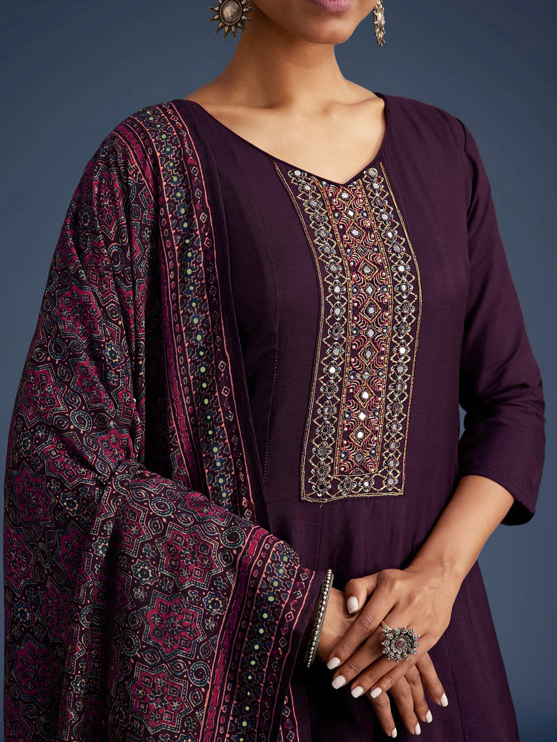 Purple Art Silk Hand Work Embroidery Anarkali Kurta Pant with Printed Dupatta For Women's
