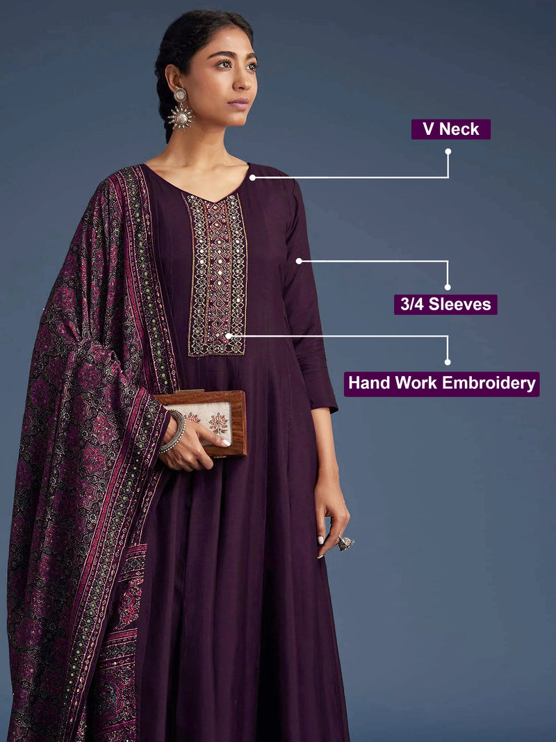 Purple Art Silk Hand Work Embroidery Anarkali Kurta Pant with Printed Dupatta For Women's