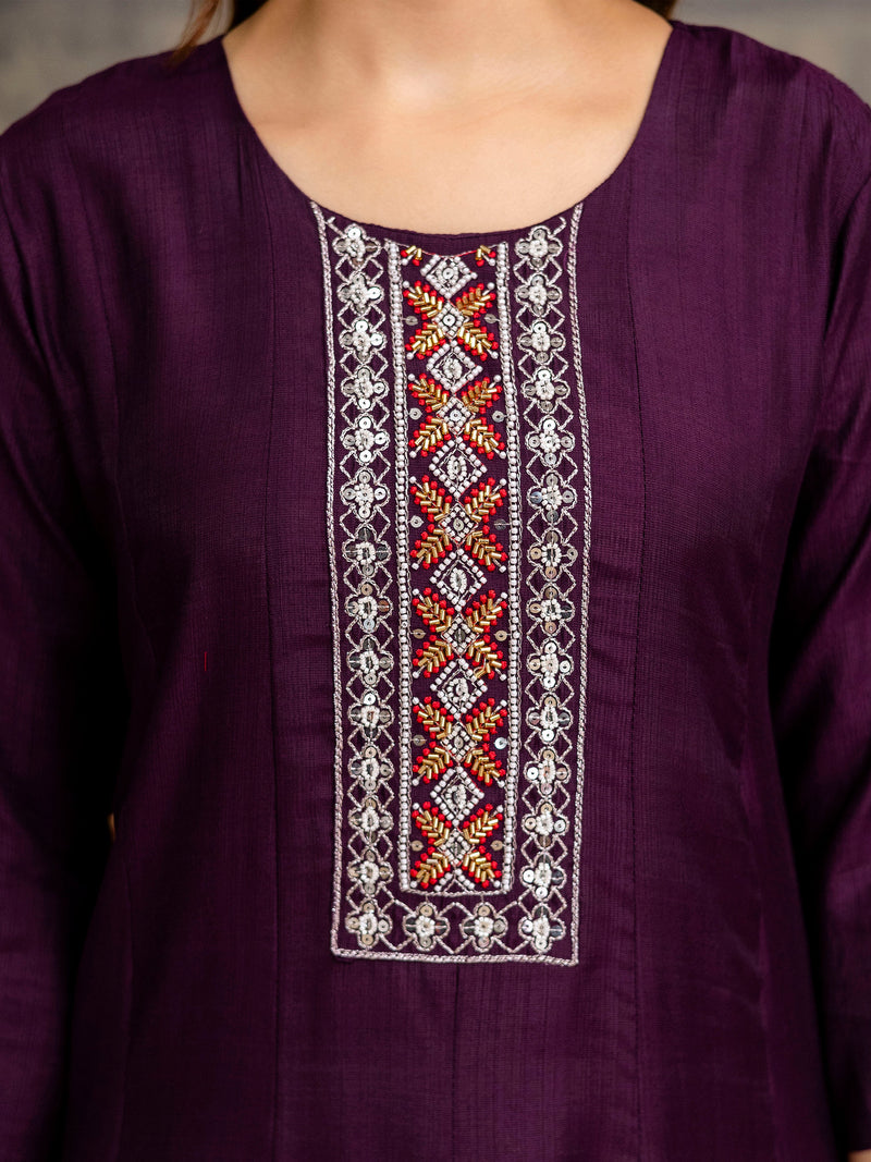 Purple Art Silk Hand Work Embroidery Anarkali Kurta Pant with Printed Dupatta For Women's Trendmalls