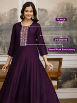 Purple Art Silk Hand Work Embroidery Anarkali Kurta Pant with Printed Dupatta For Women's Trendmalls
