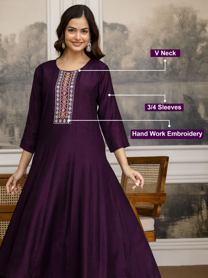 Purple Art Silk Hand Work Embroidery Anarkali Kurta Pant with Printed Dupatta For Women's Trendmalls