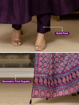 Purple Art Silk Hand Work Embroidery Anarkali Kurta Pant with Printed Dupatta For Women's Trendmalls