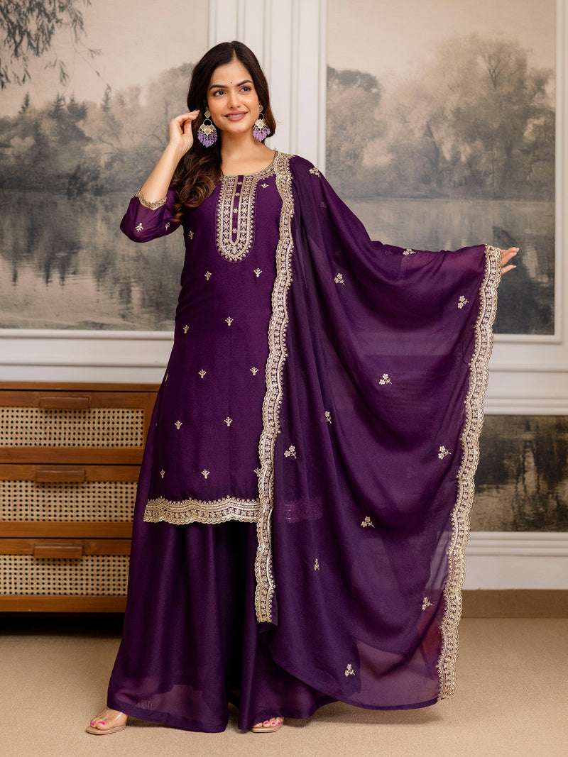 Purple Georgette Embroidery Work Salwar Suit with Dupatta Trendmalls